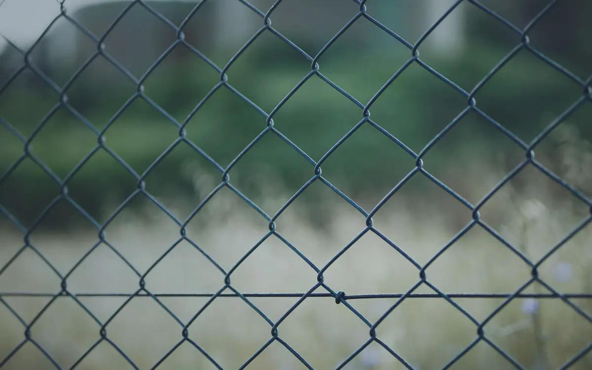 Close-up of galvanized chain link fence mesh with green yard behind